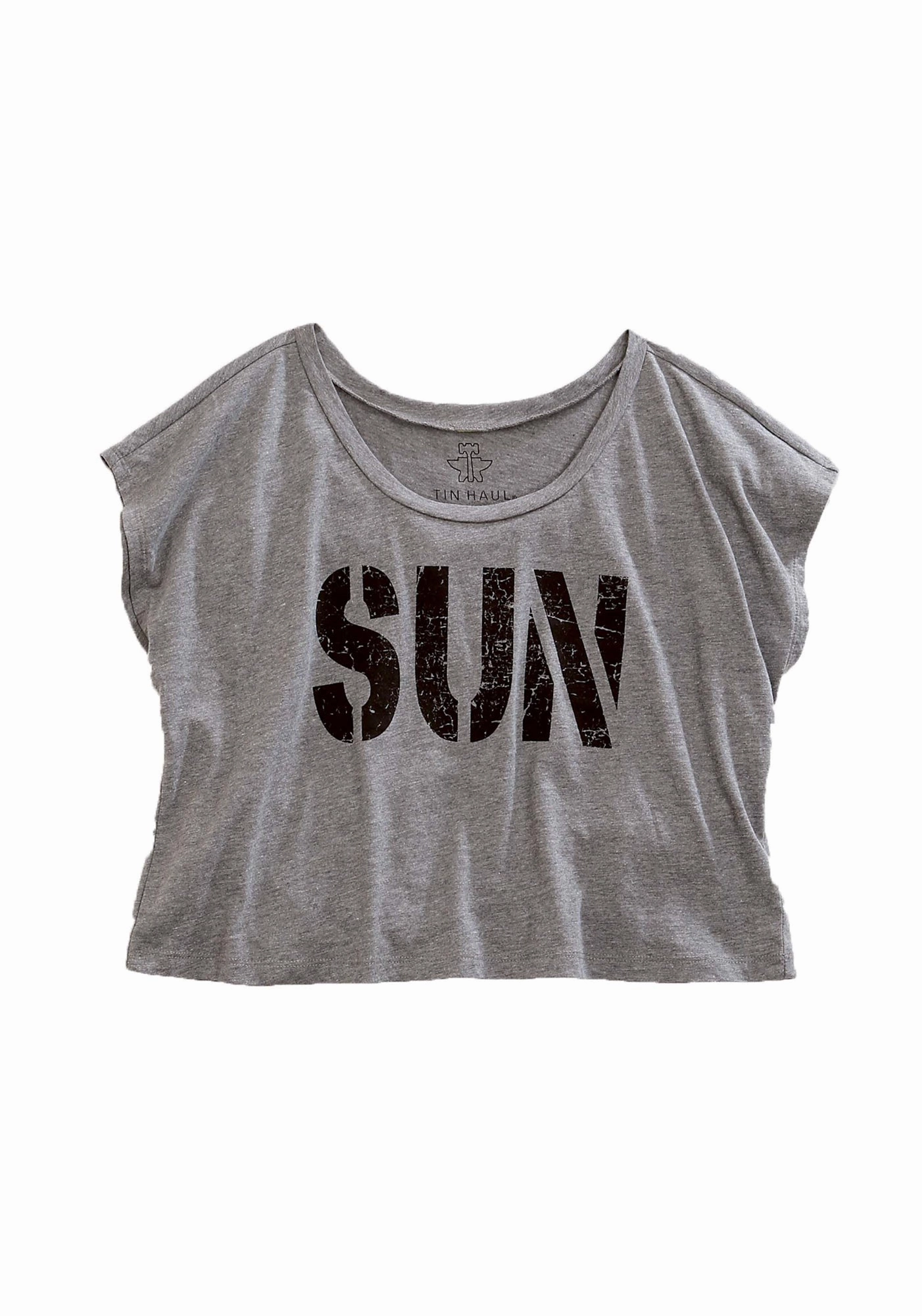 Tin Haul Womens SUN Crop Top Grey Cotton Blend S/S T-Shirt Current Style
