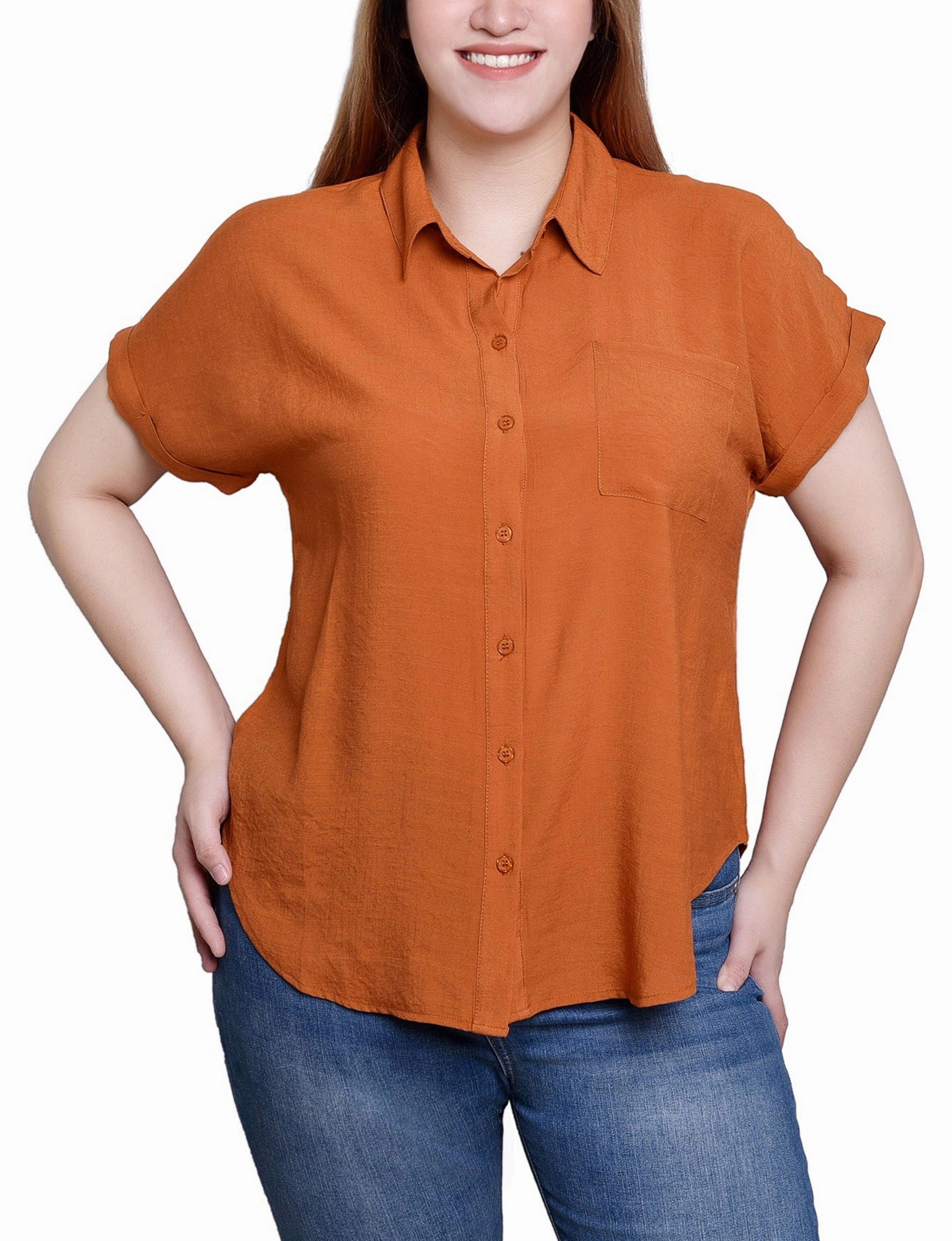 Short Sleeve Woven Front/Jersey Back Top Ultra Soft Yarn