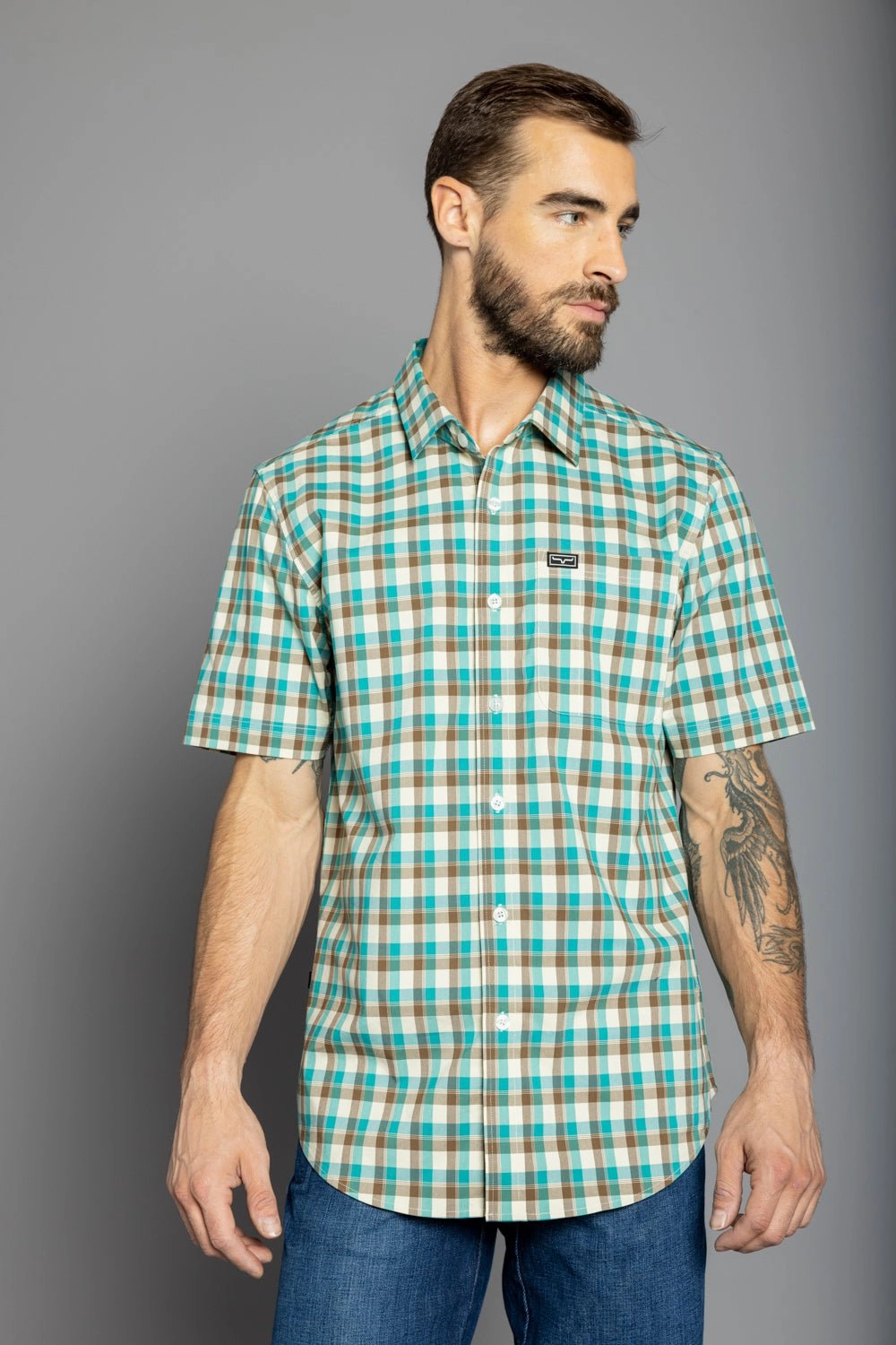 Kimes Ranch Mens Go Round Plaid Teal Cotton Blend L/S Shirt Chic Look Laser Cut Edge Detail