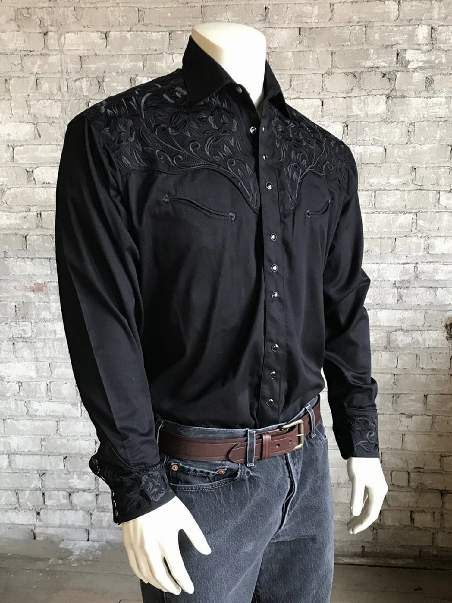 Rockmount Mens Black 100% Cotton Vintage Tooling Western L/S Shirt Classic Color