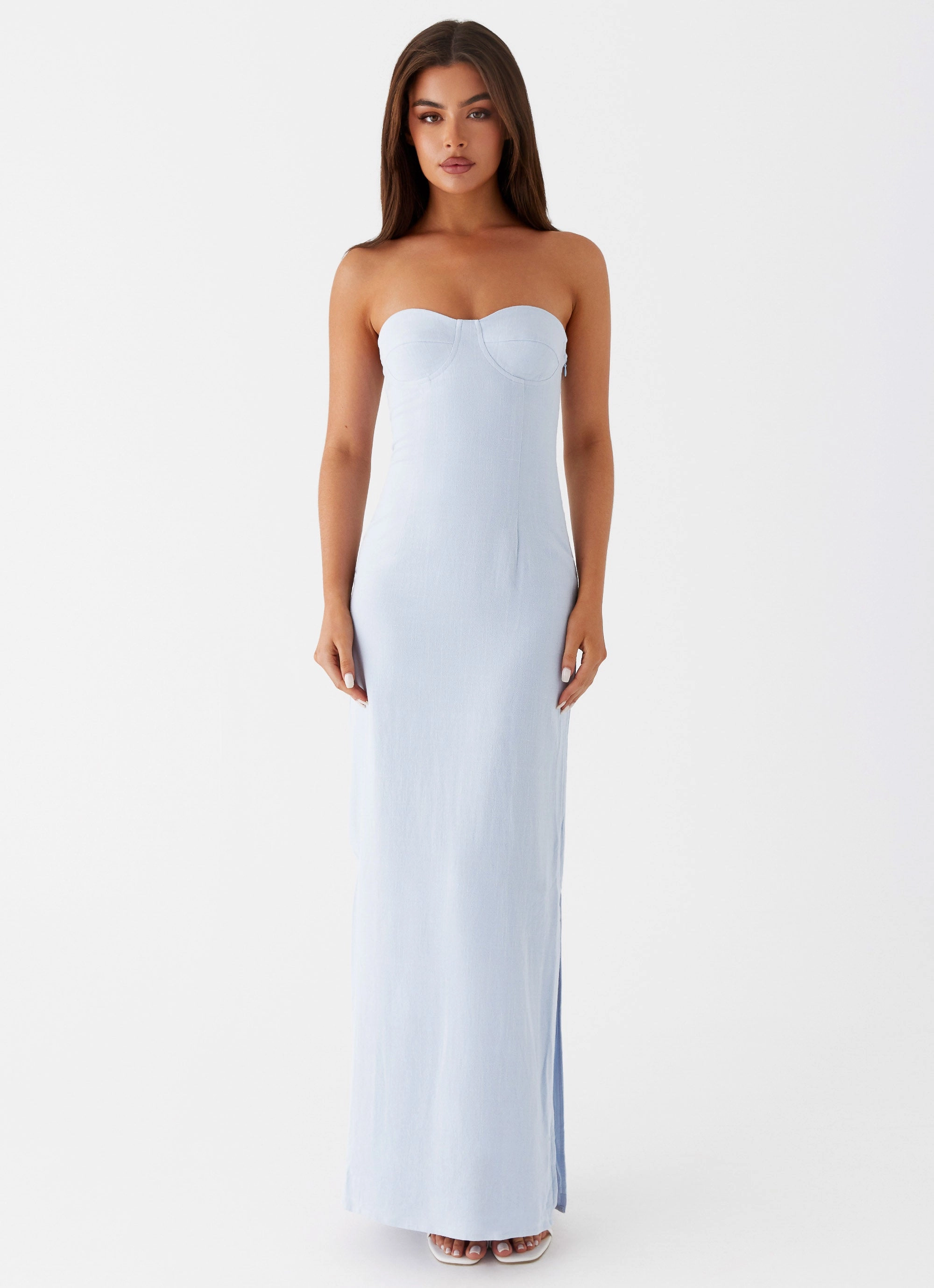A-Line Brunch Tone Esra Linen Strapless Maxi Dress - Blue