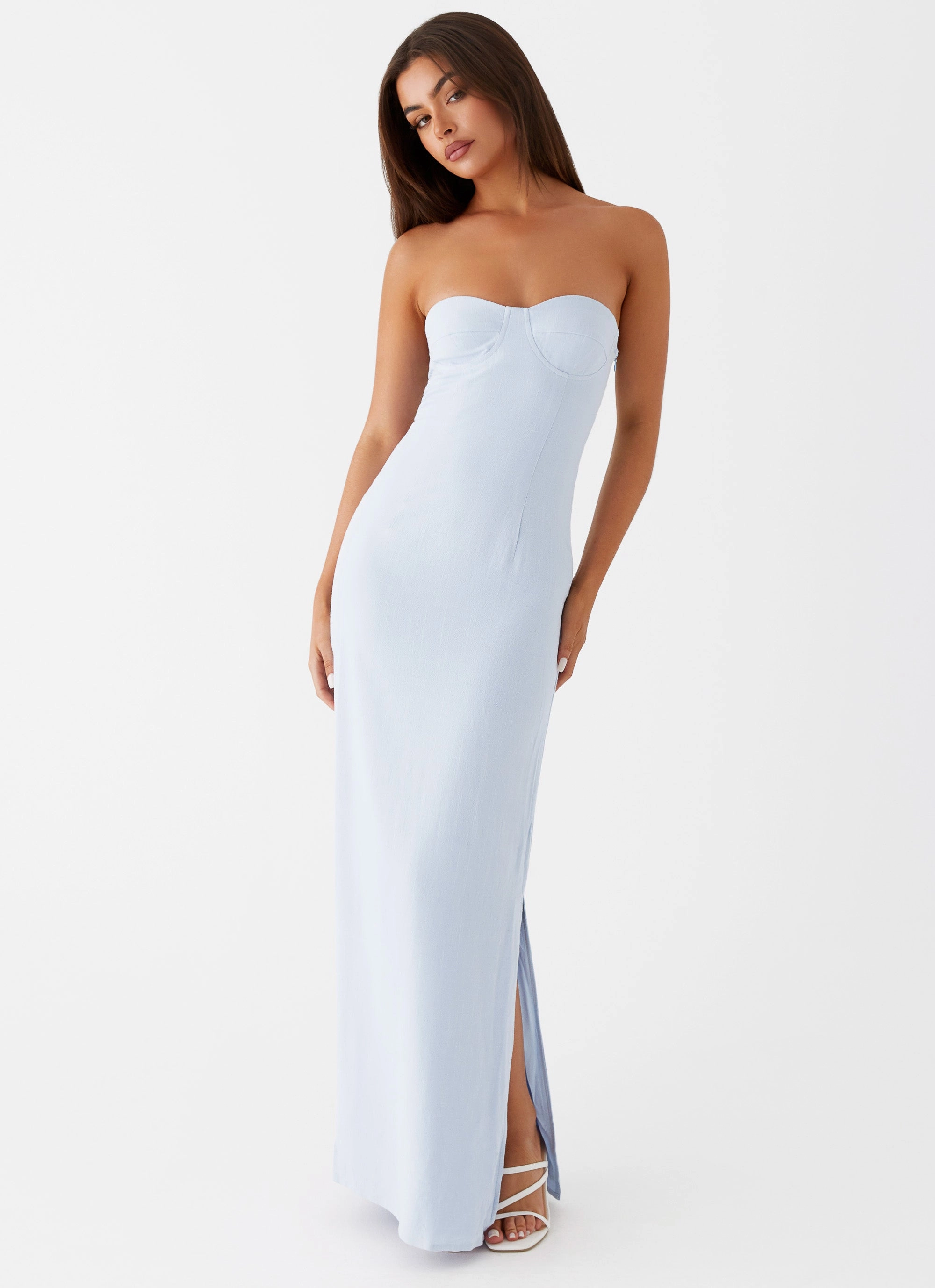 Flattering Shape Look Wrinkle-Resistant Esra Linen Strapless Maxi Dress - Blue