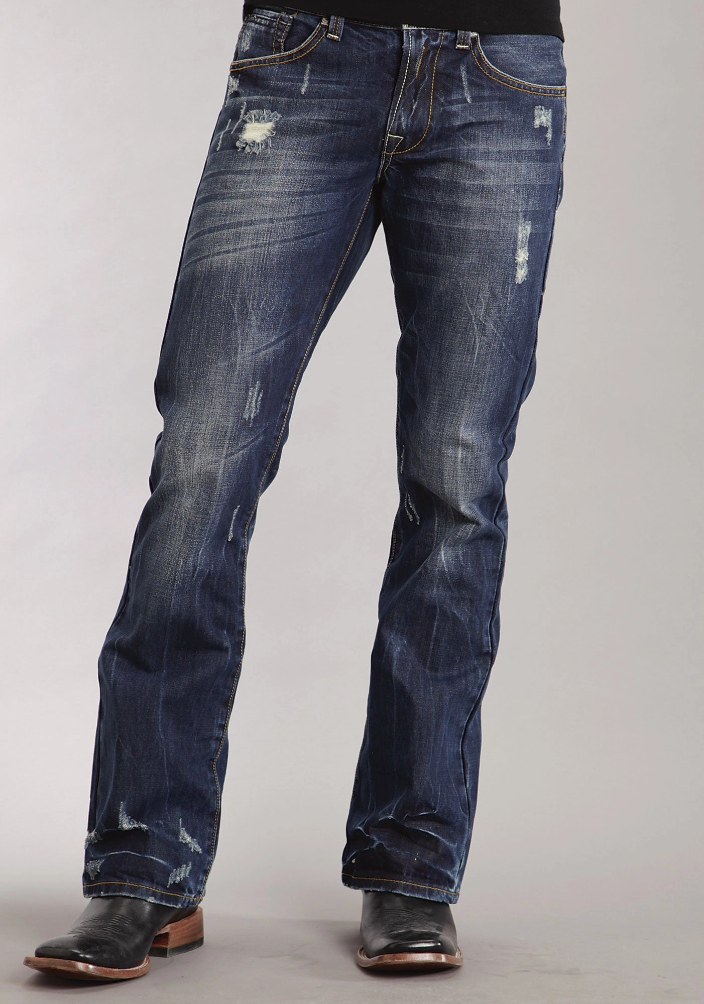 Mens Stetson Blue Cotton Blend Destruction Dark Wash Bootcut Rocks Jeans Day To Day Street Ready