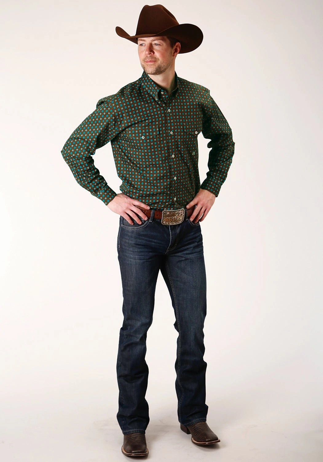 Hidden Placket Roper Mens Chocolate 100% Cotton Agave Foulard BD L/S Btn Shirt