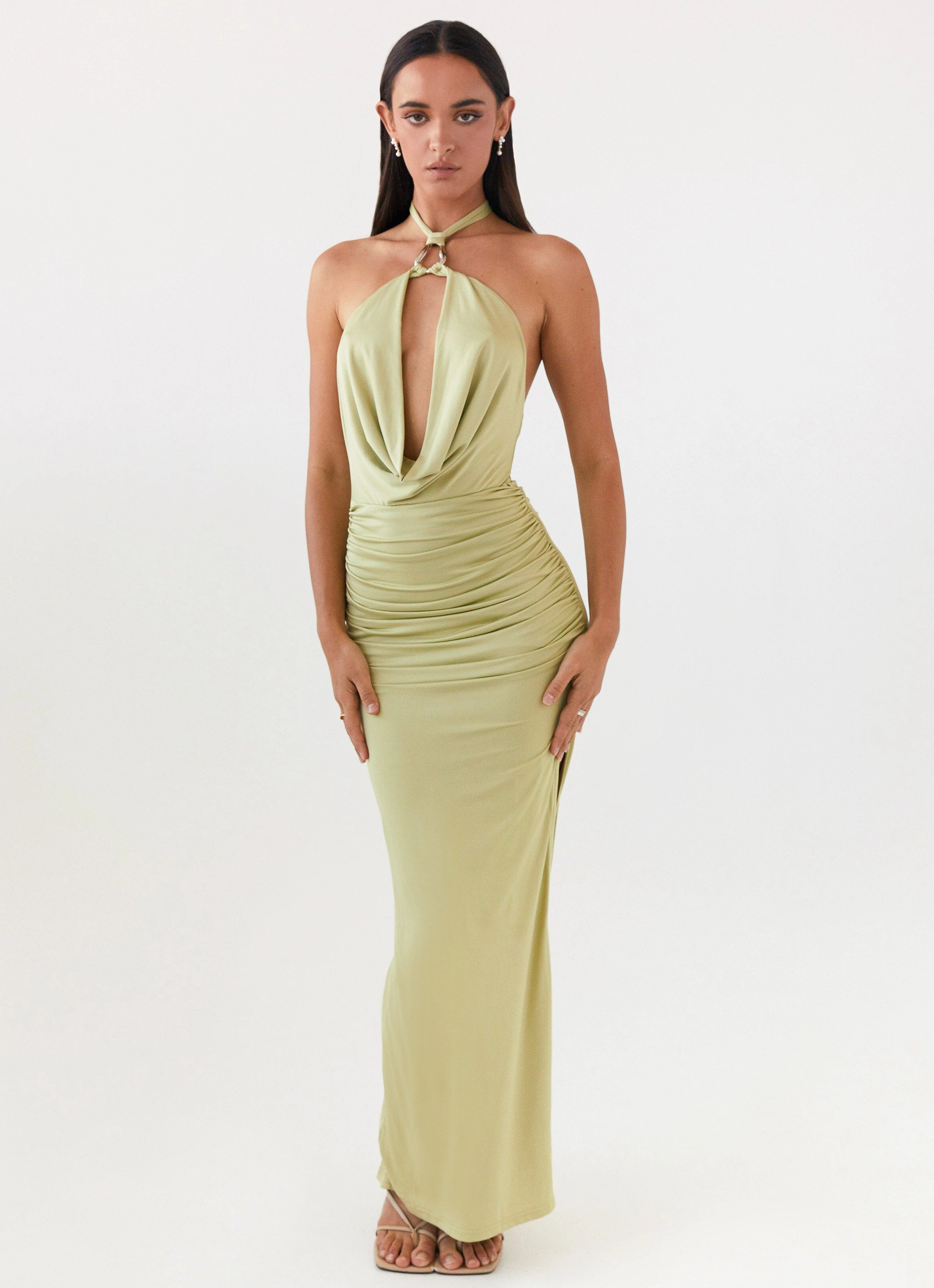Side Pleats Samara Halterneck Maxi Dress - Sage