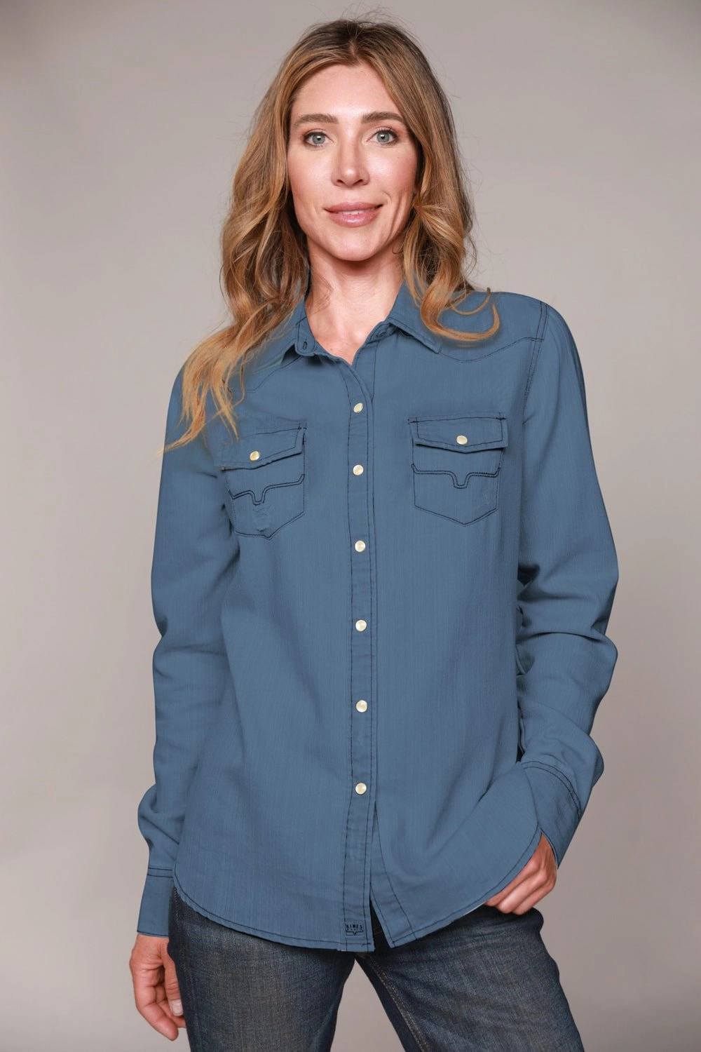 Kimes Ranch Womens Kaycee Top Dark Denim Cotton Blend L/S Shirt Dressy look Long Sleeve