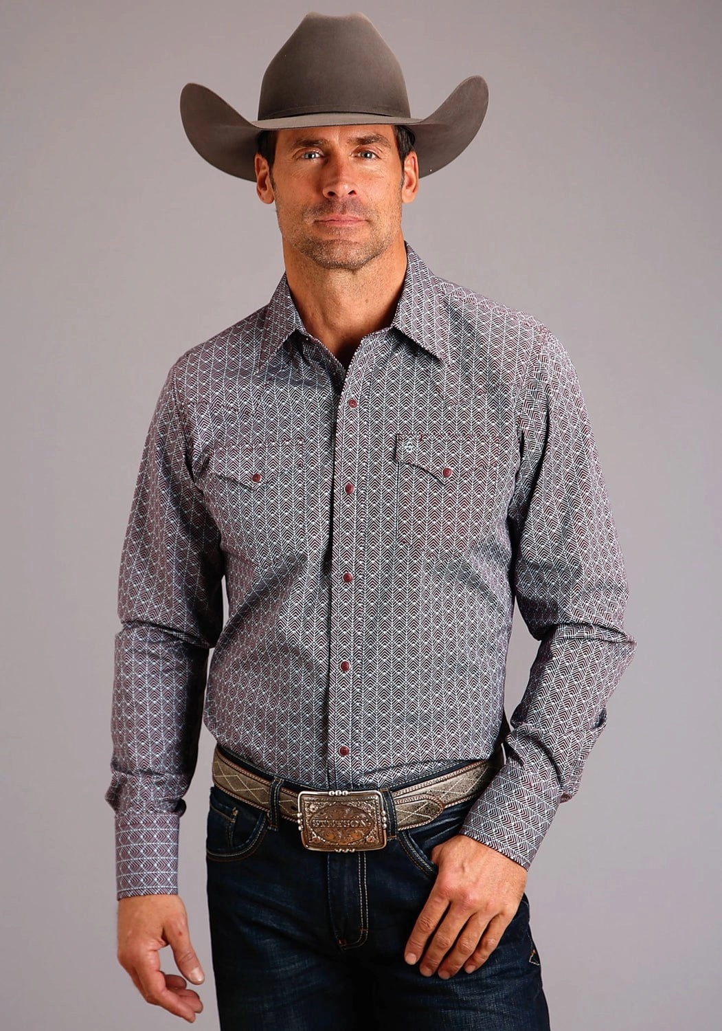 Smooth zipper closure natural fiber Stetson Mens Brown 100% Cotton Cheveron Grid L/S Shirt