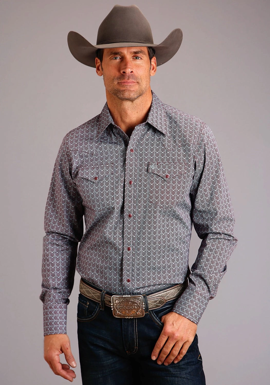 Stetson Mens Brown 100% Cotton Cheveron Grid L/S Shirt Effortless Style Urban Edge