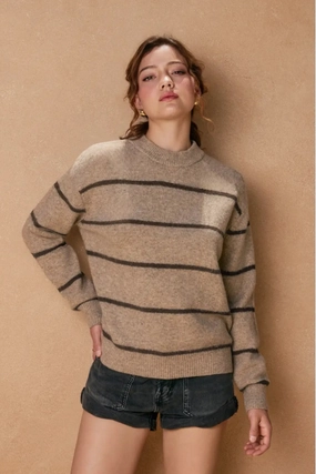 Cozy Wardrobe Eva Crewneck Striped Sweater - Mocha & Brown