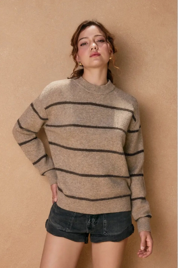 Winter Layers Eva Crewneck Striped Sweater - Mocha & Brown