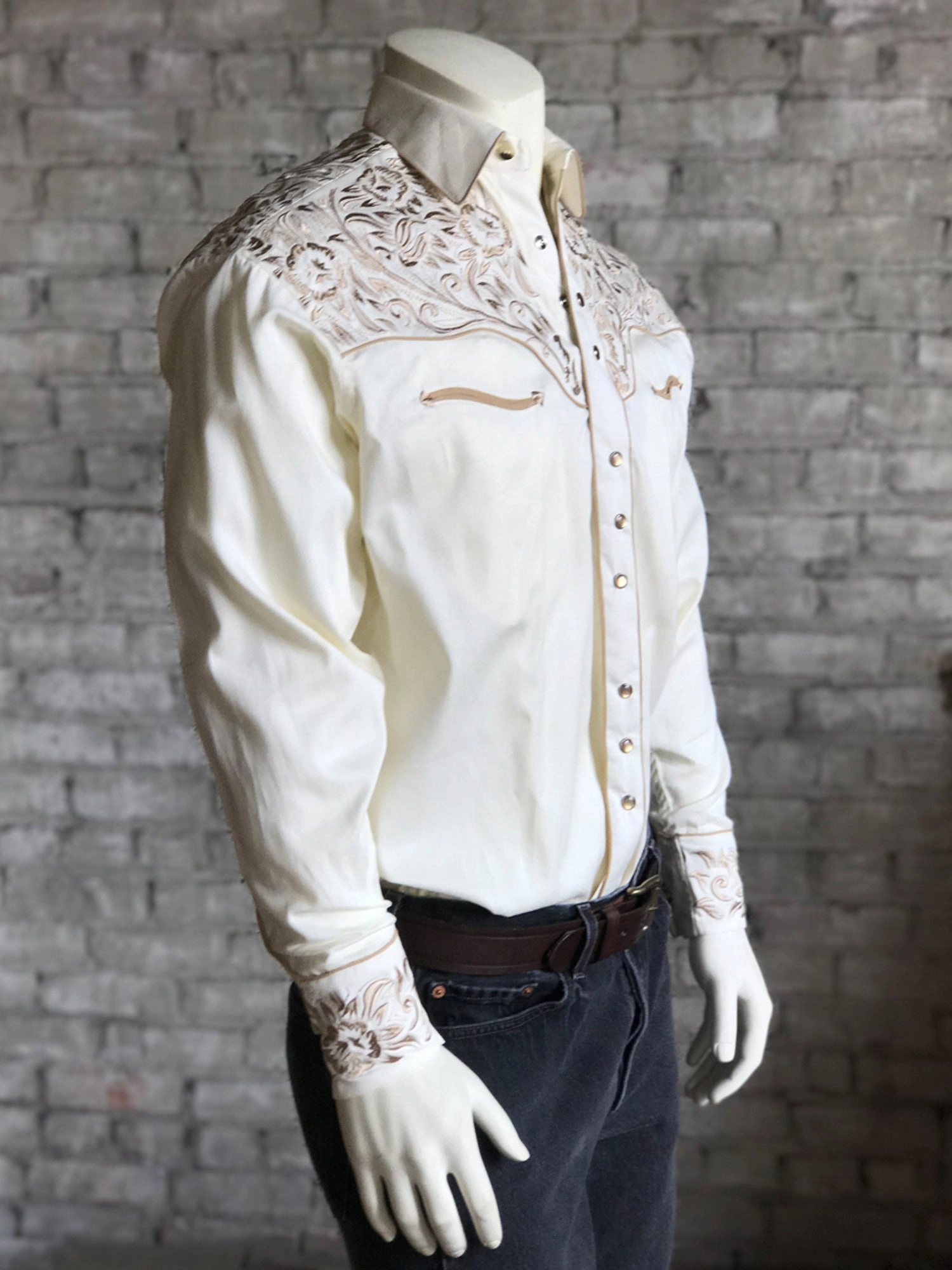 Rockmount Mens Ivory/Tan 100% Cotton Vintage Tooling Western L/S Shirt Holiday Outfit Patterned Design