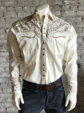 Relaxed Silhouette Rockmount Mens Ivory/Tan 100% Cotton Vintage Tooling Western L/S Shirt