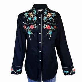 Cocktail Party Rockmount Womens Floral Embroidered Western Black 100% Cotton L/S Shirt