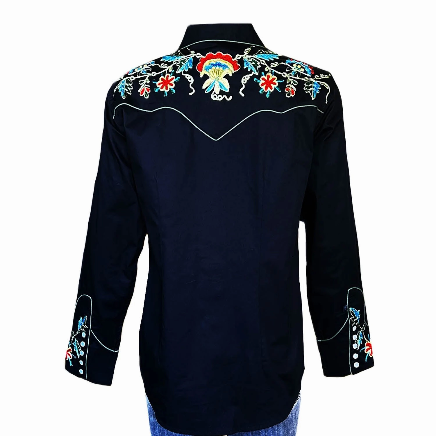 Rockmount Womens Floral Embroidered Western Black 100% Cotton L/S Shirt stain resistant coating