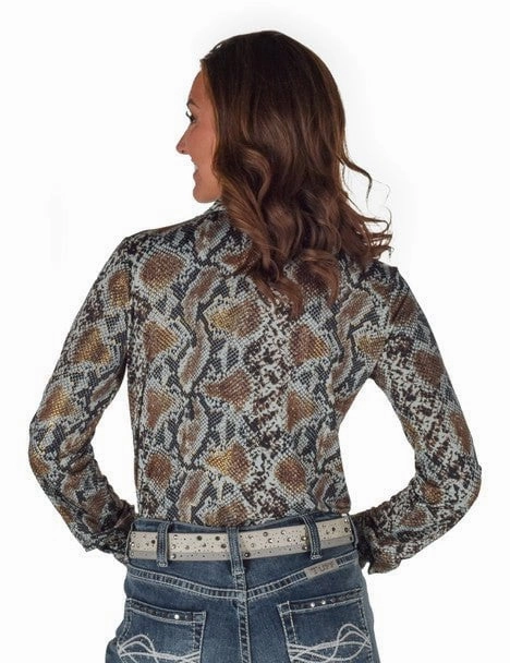Cowgirl Tuff Womens Pullover Snake Dusty Blue Polyester L/S Shirt Seasonal Wardrobe Easy Care Material