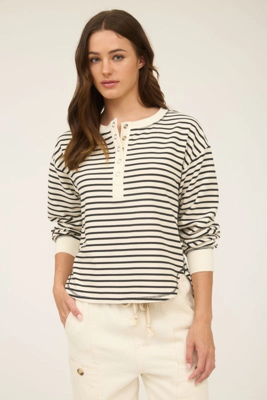 Sarah Stripe Henley Snap Button Long Sleeve Knit Top Cool Layer Wear Chilly Comfort Wear