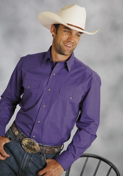 Flexible Shoulder Panels Custom Fit Roper Mens Purple 100% Cotton L/S Tall Snap Solid Poplin Western Shirt
