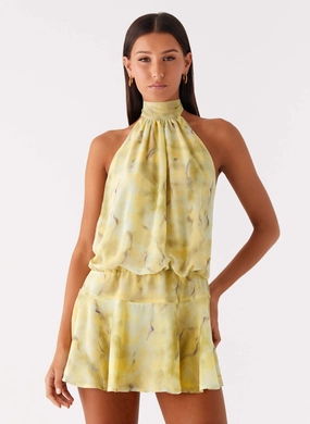 First Date Halter Mini Dress - Yellow Tie Dye Trend-Inspired Soft Motion