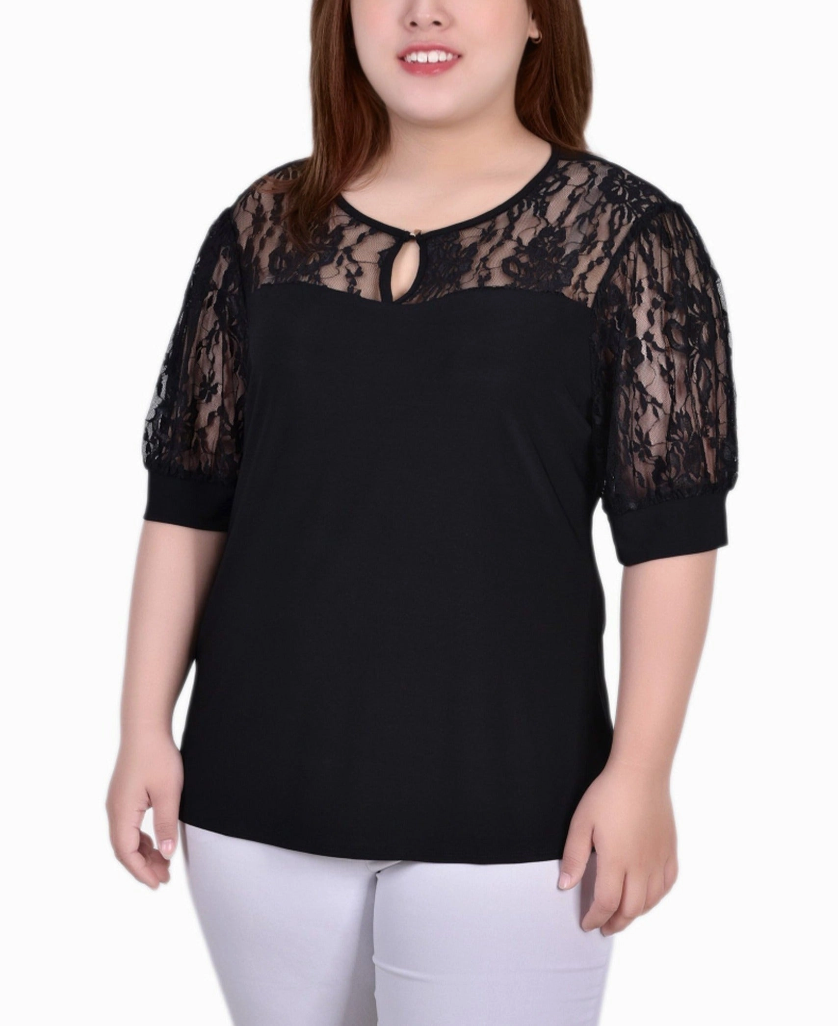 Plus Size Short Puff Sleeve Top With Lace Sleeves And Yoke Sleek Motion