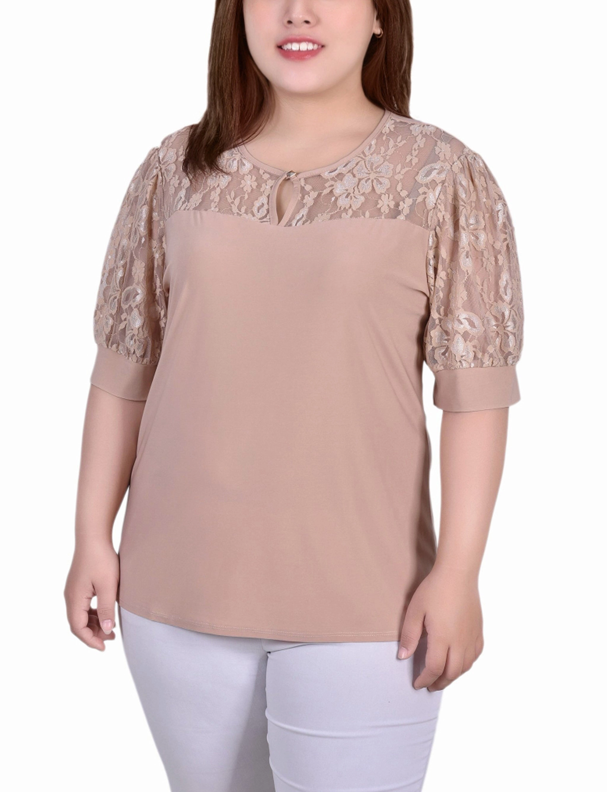 Softly Structured Plus Size Short Puff Sleeve Top With Lace Sleeves And Yoke