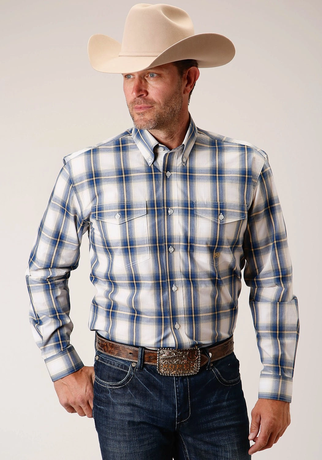 Street Fashion All-Ages Fit Roper Mens Denim Ombre Blue 100% Cotton L/S Shirt