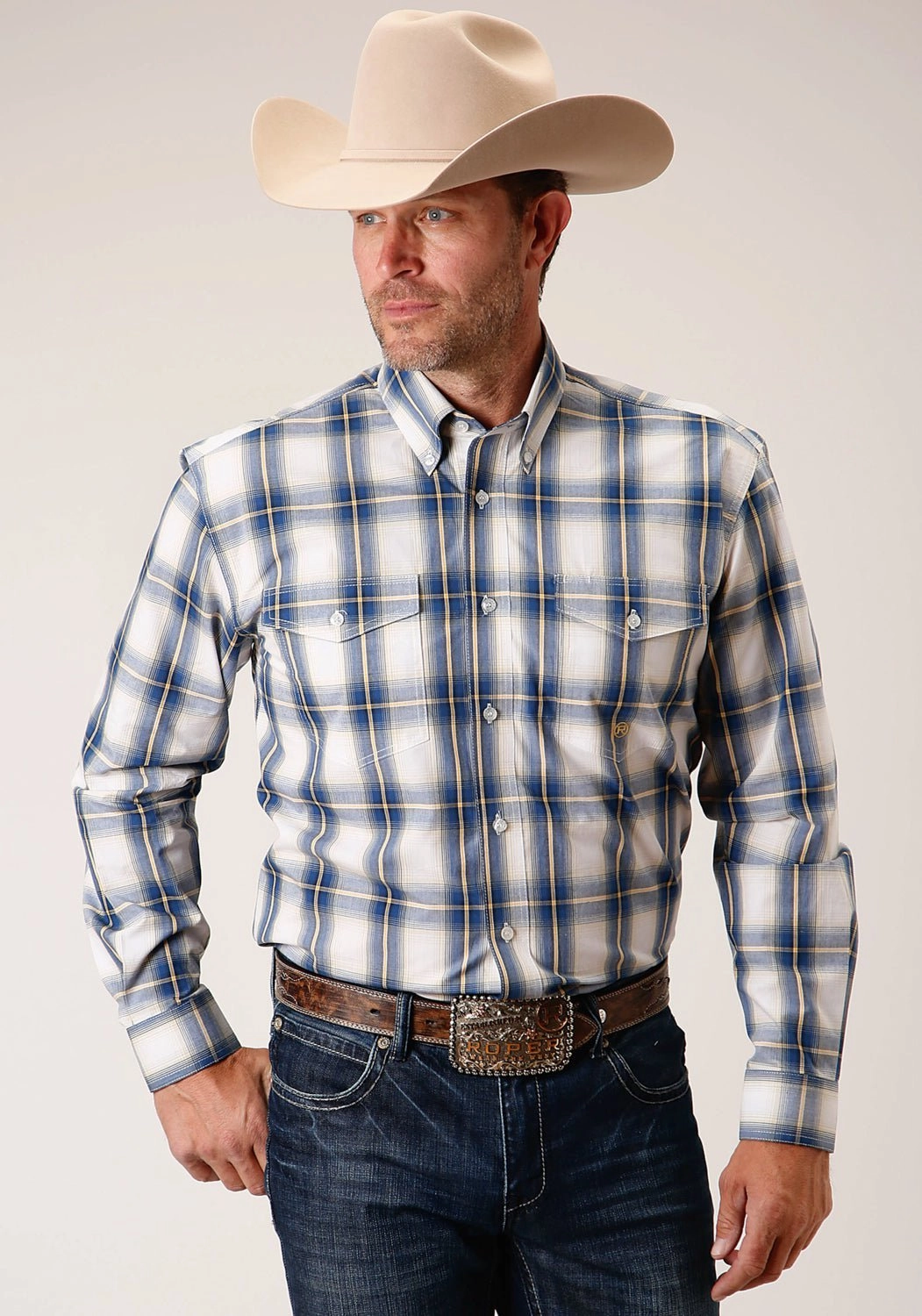 Roper Mens Denim Ombre Blue 100% Cotton L/S Shirt Smooth Zipper Design