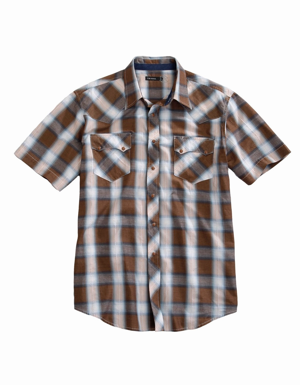 Subtle patterns Breathable Underarm Vents Tin Haul Mens Saddle Dobby Plaid Brown 100% Cotton S/S Shirt