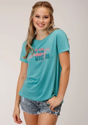 Modern Aesthetic Roper Womens My Horse is Calling Blue Poly/Rayon S/S T-Shirt