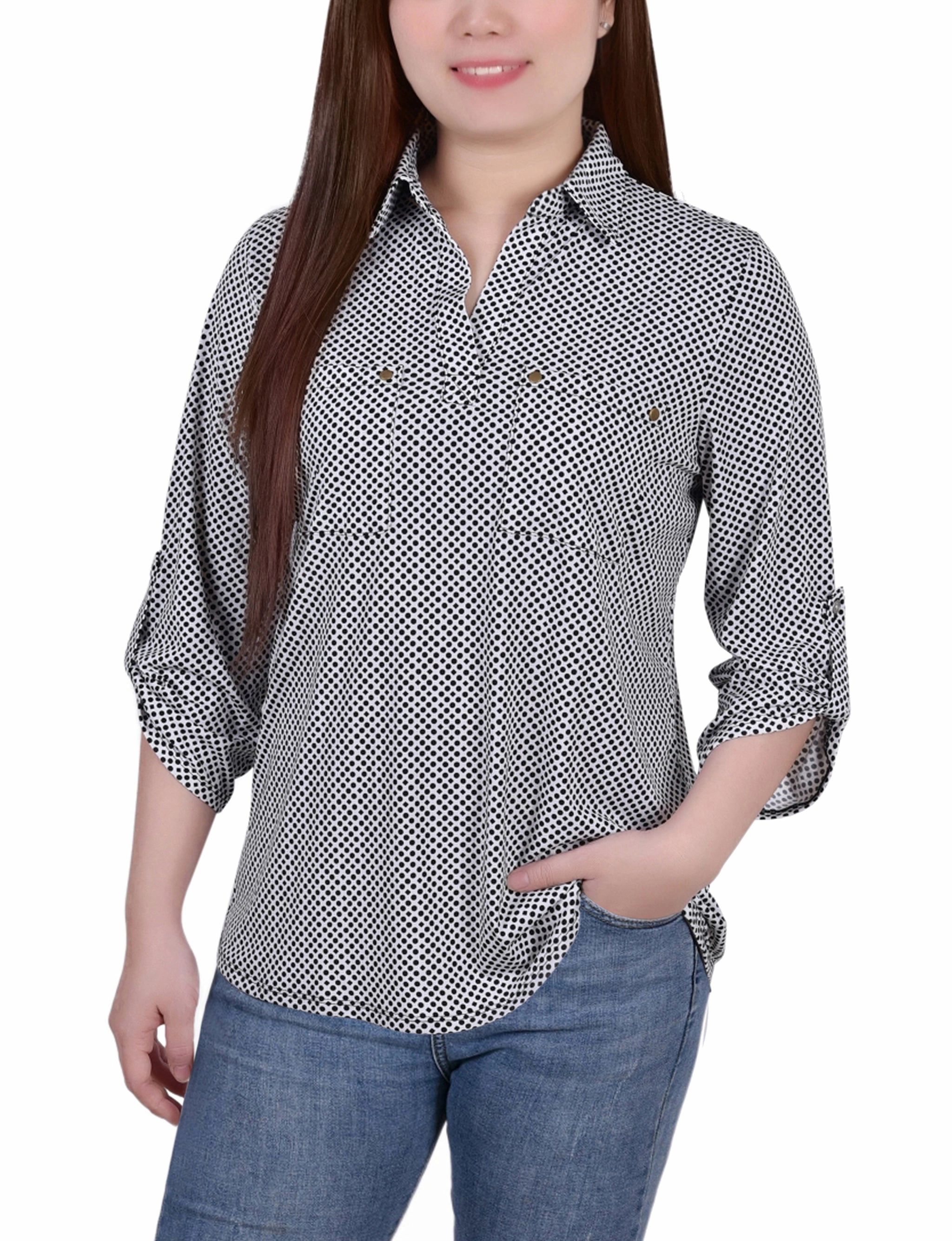 Essential Wear Street Trend Petite 3/4 Roll Tab Sleeve Studded Y Neck Top