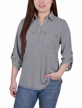 Petite 3/4 Roll Tab Sleeve Studded Y Neck Top Relaxed Armhole Fit Thermochromic Fiber Applications