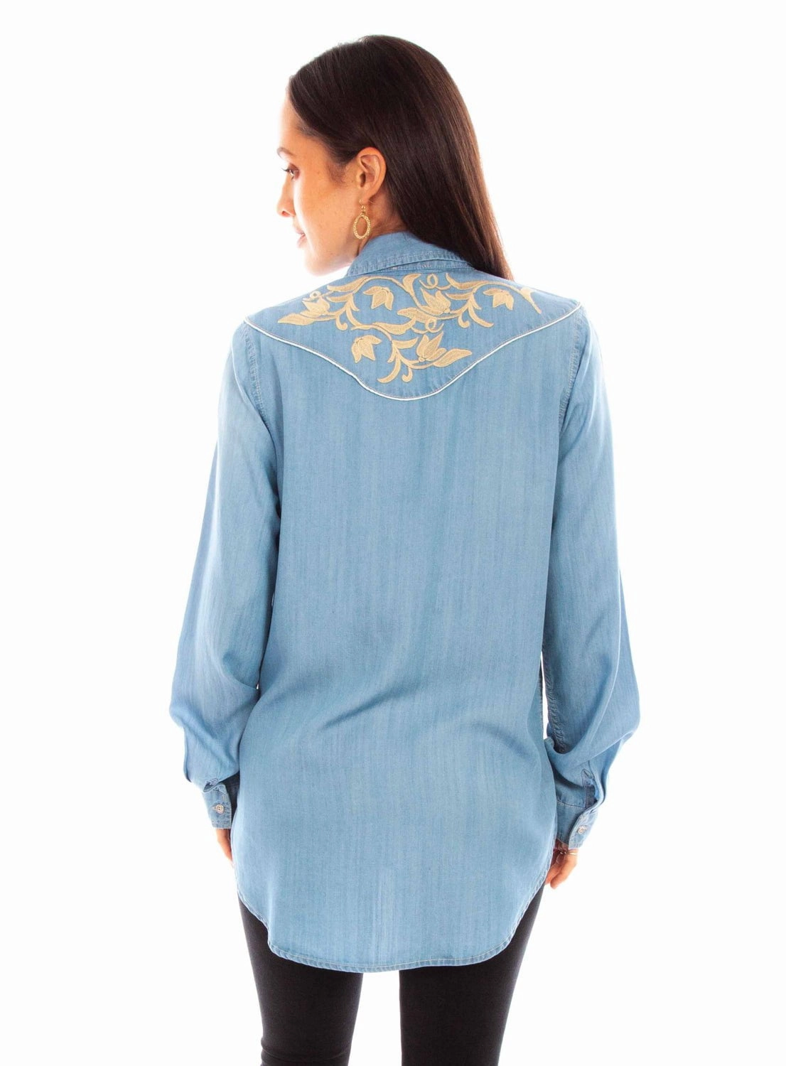 Scully Womens Tan Embroidery Blue 100% Tencel L/S Shirt Plus Size