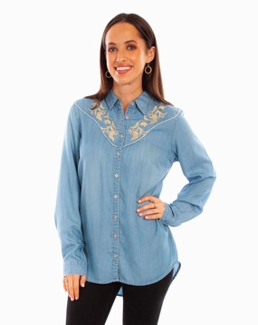 Scully Womens Tan Embroidery Blue 100% Tencel L/S Shirt Waffle Weave