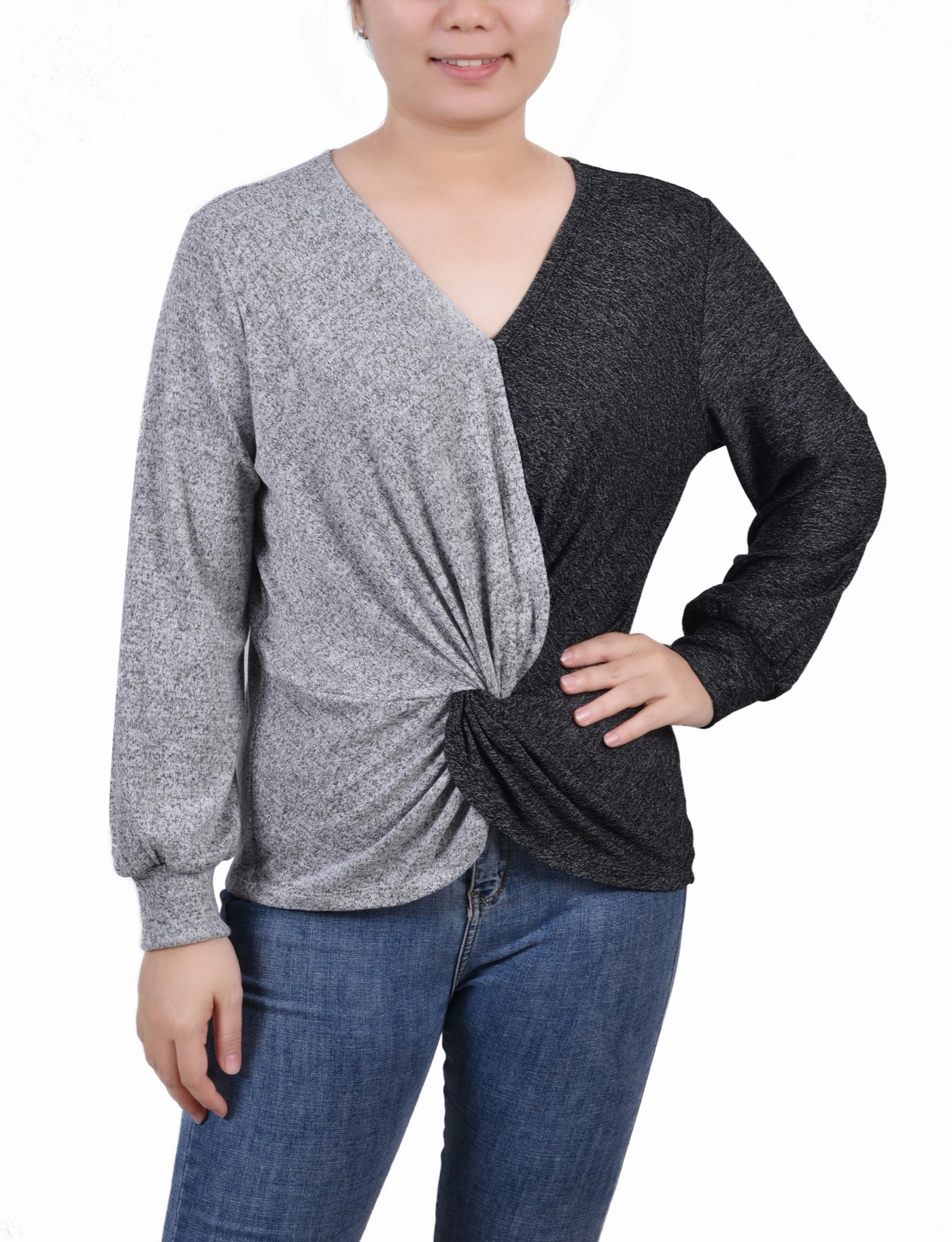 Petite Long Sleeve Twist Front Colorblocked Top Ribbed Hem Detail