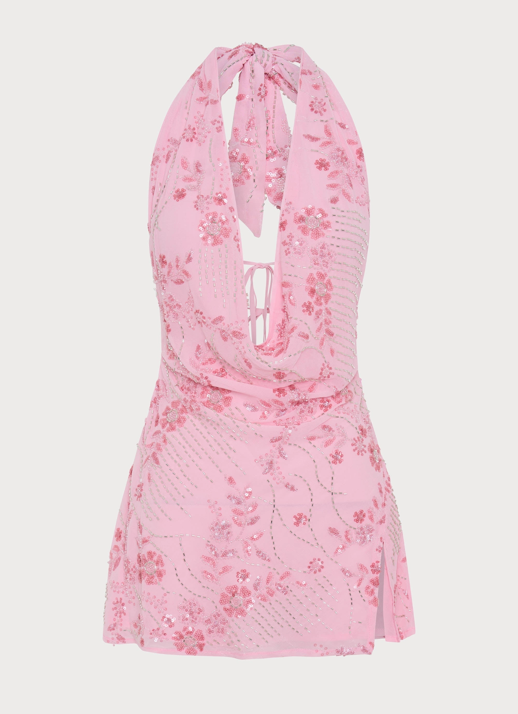 Cinzia Beaded Mini Dress - Pink Fold-Over-Detail