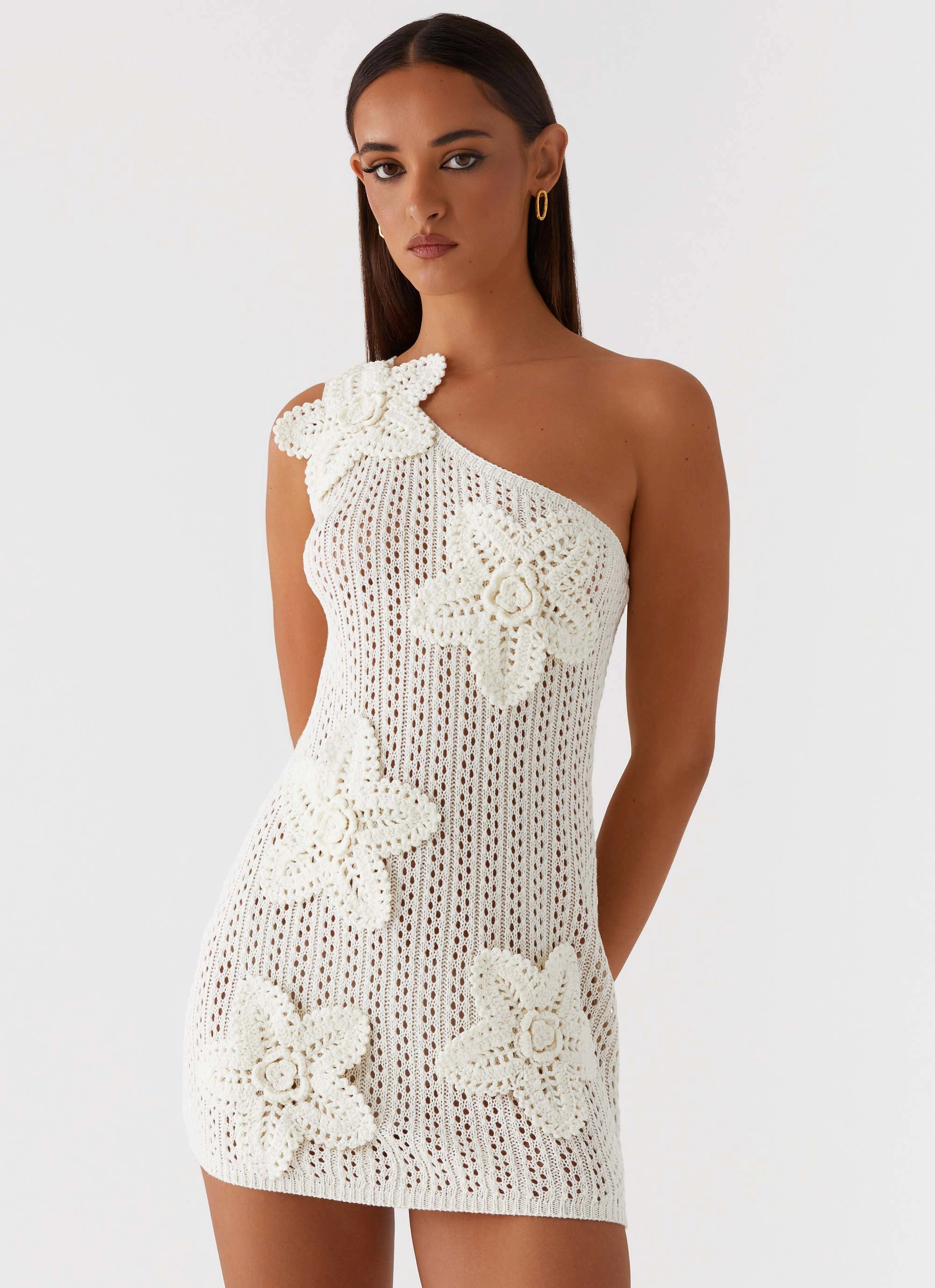 Afterglow One Shoulder Crochet Mini Dress - Ivory Flattering Cut Wear