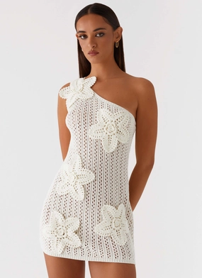 Afterglow One Shoulder Crochet Mini Dress - Ivory Flattering Cut Wear