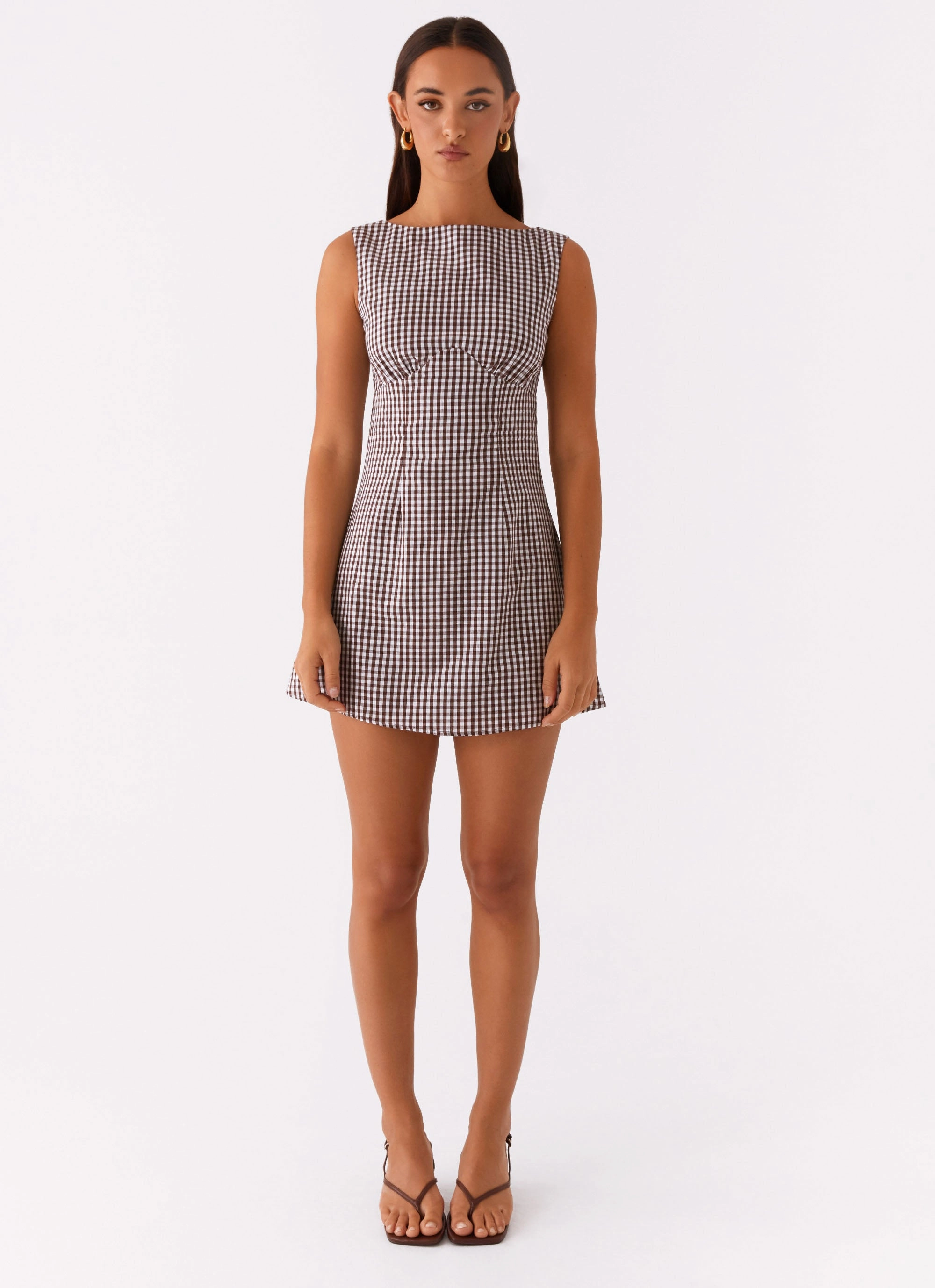 Spring Ready Lotus Tie Back Mini Dress - Chocolate Gingham