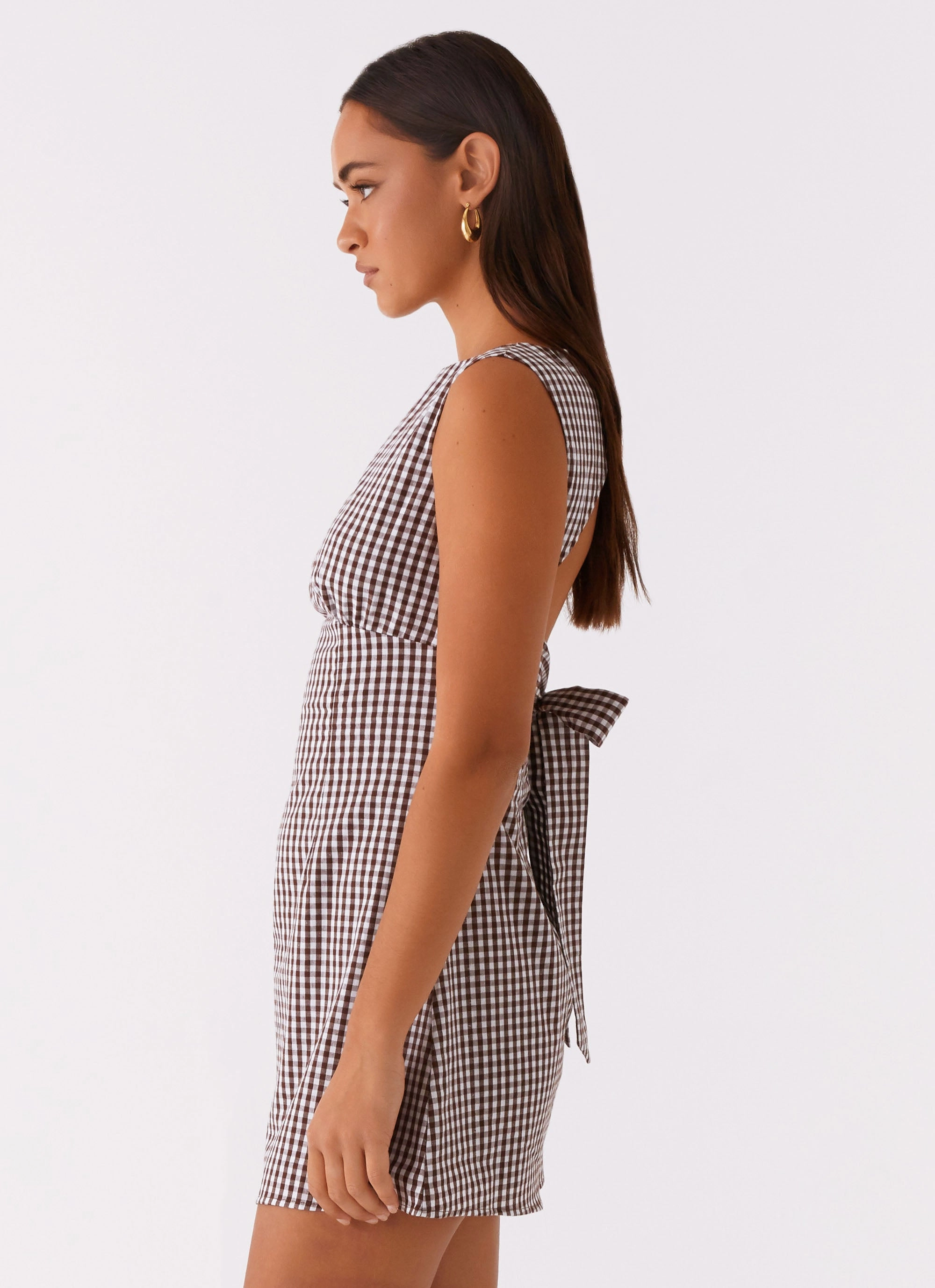 Formed Look Travel Edge Lotus Tie Back Mini Dress - Chocolate Gingham