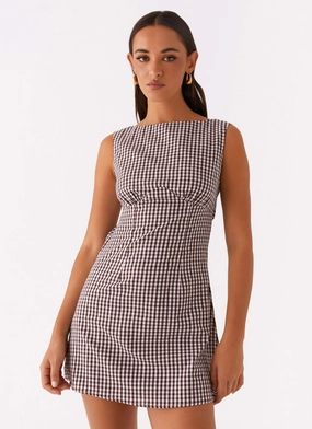 Geometric-pattern Lotus Tie Back Mini Dress - Chocolate Gingham