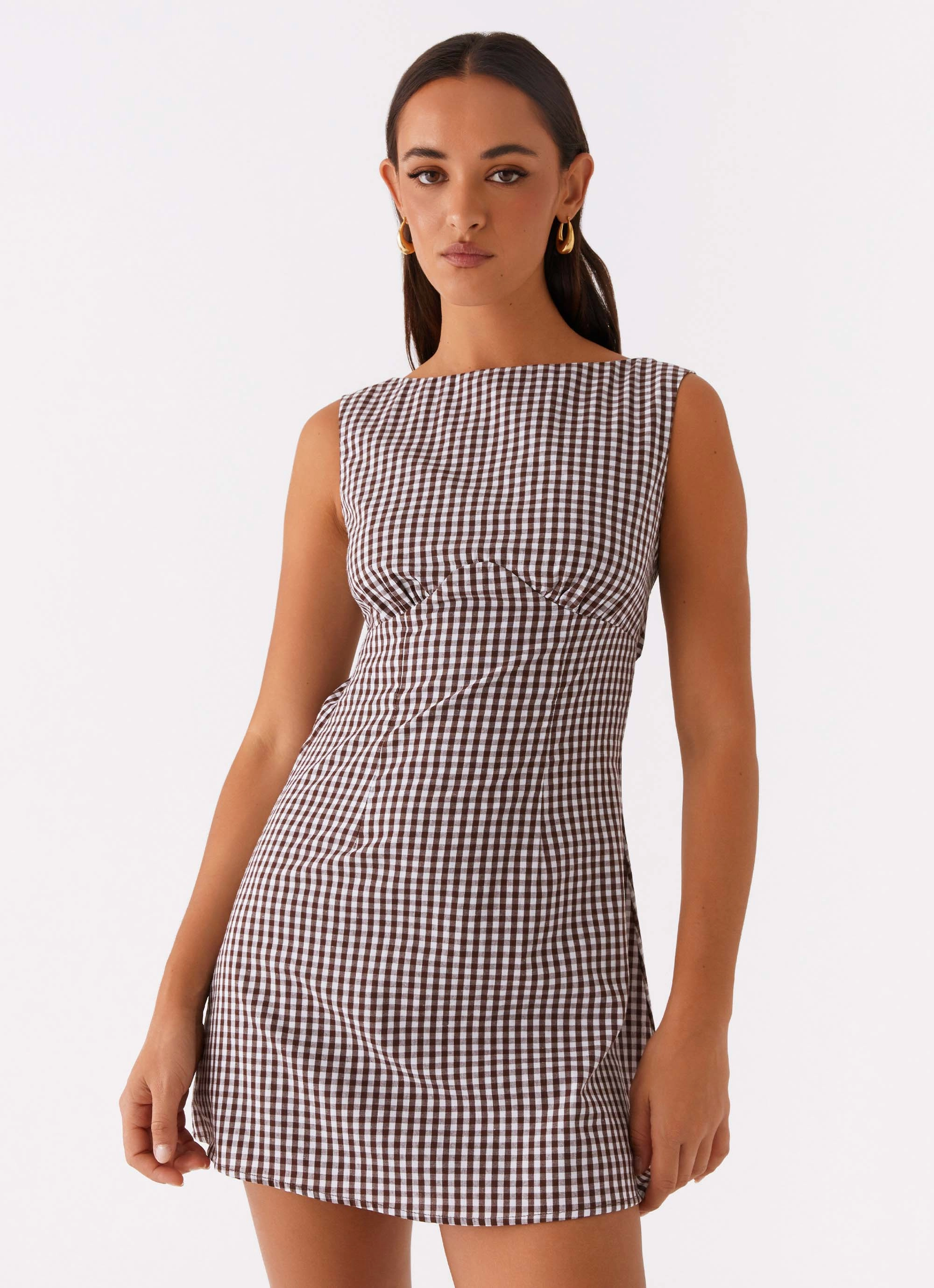 Geometric-pattern Lotus Tie Back Mini Dress - Chocolate Gingham