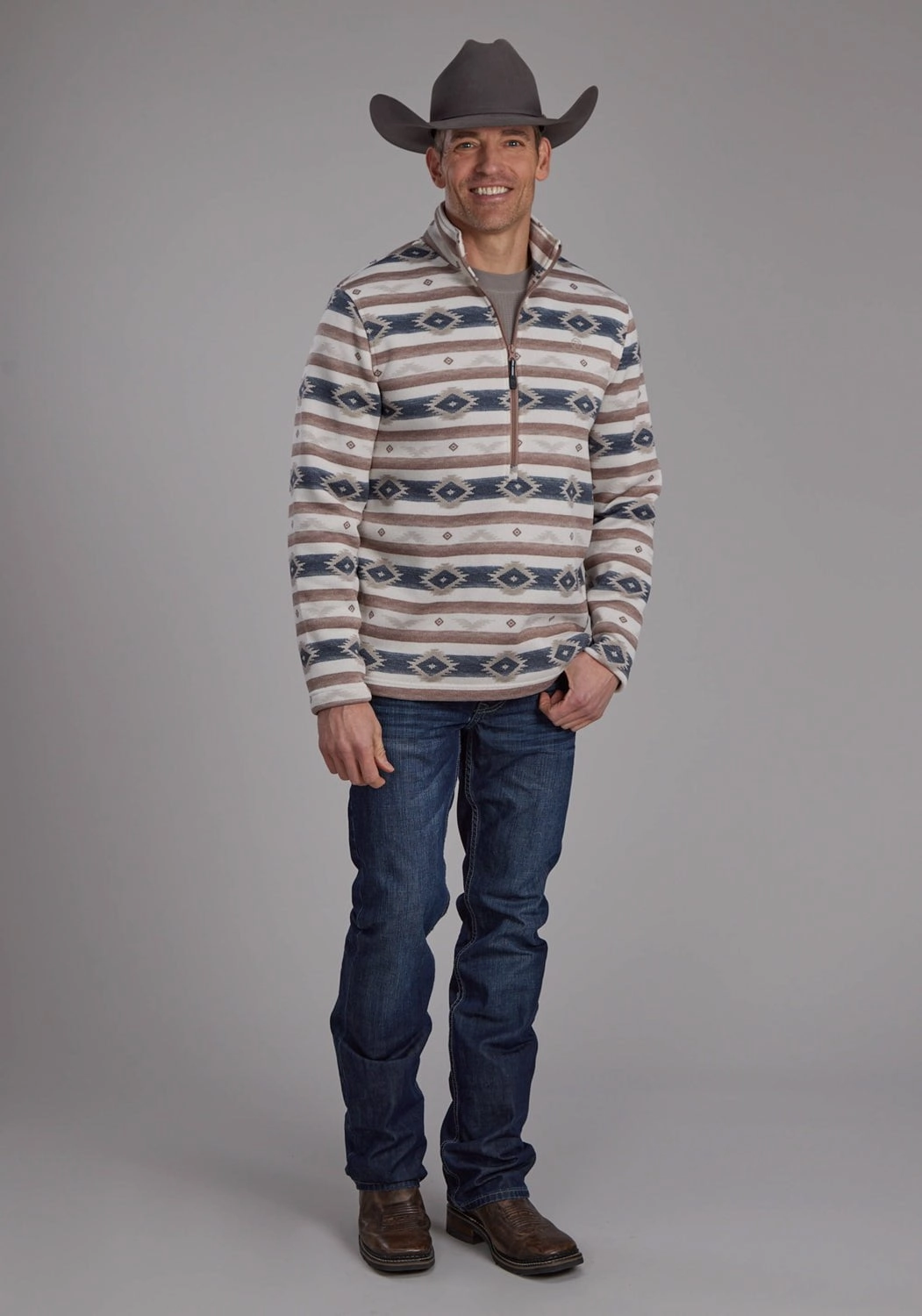 Roper Mens Horizontal Aztec Stripe Brown 100% Polyester 1/4 Zip Sweater Date night