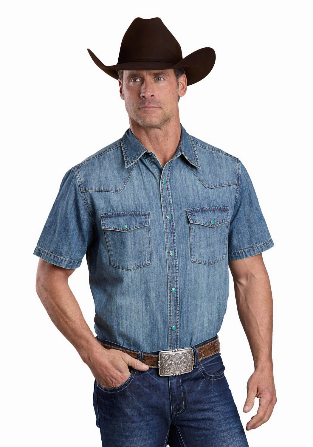Stetson Mens Turquoise Hex Snaps Stonewashed Denim 100% Cotton S/S Shirt High-Quality Material