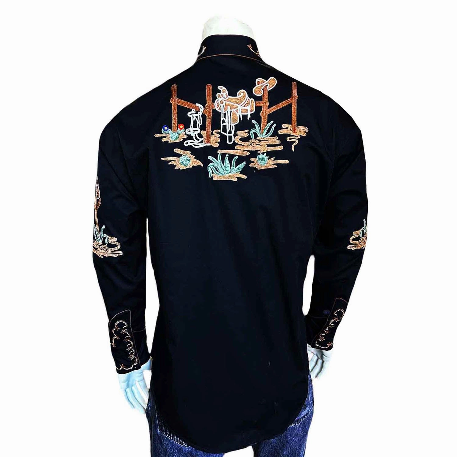 Rockmount Mens Cactus and Cowboy Boots Black 100% Cotton L/S Shirt Corporate Wear Rugged Style