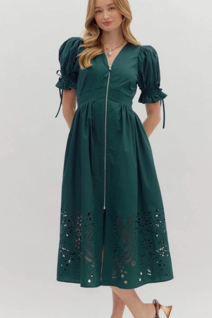 Elizabeth Crochet Trim Zip Front Midi Dress in Teal Sophisticated Cut