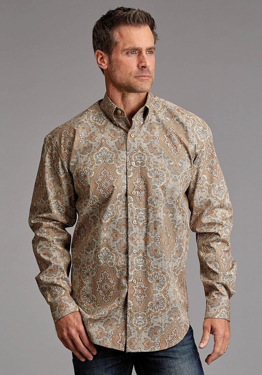 Stetson Mens 1921 Desert Paisley Brown 100% Cotton 1 Pkt L/S Shirt Reinforced Buttonholes