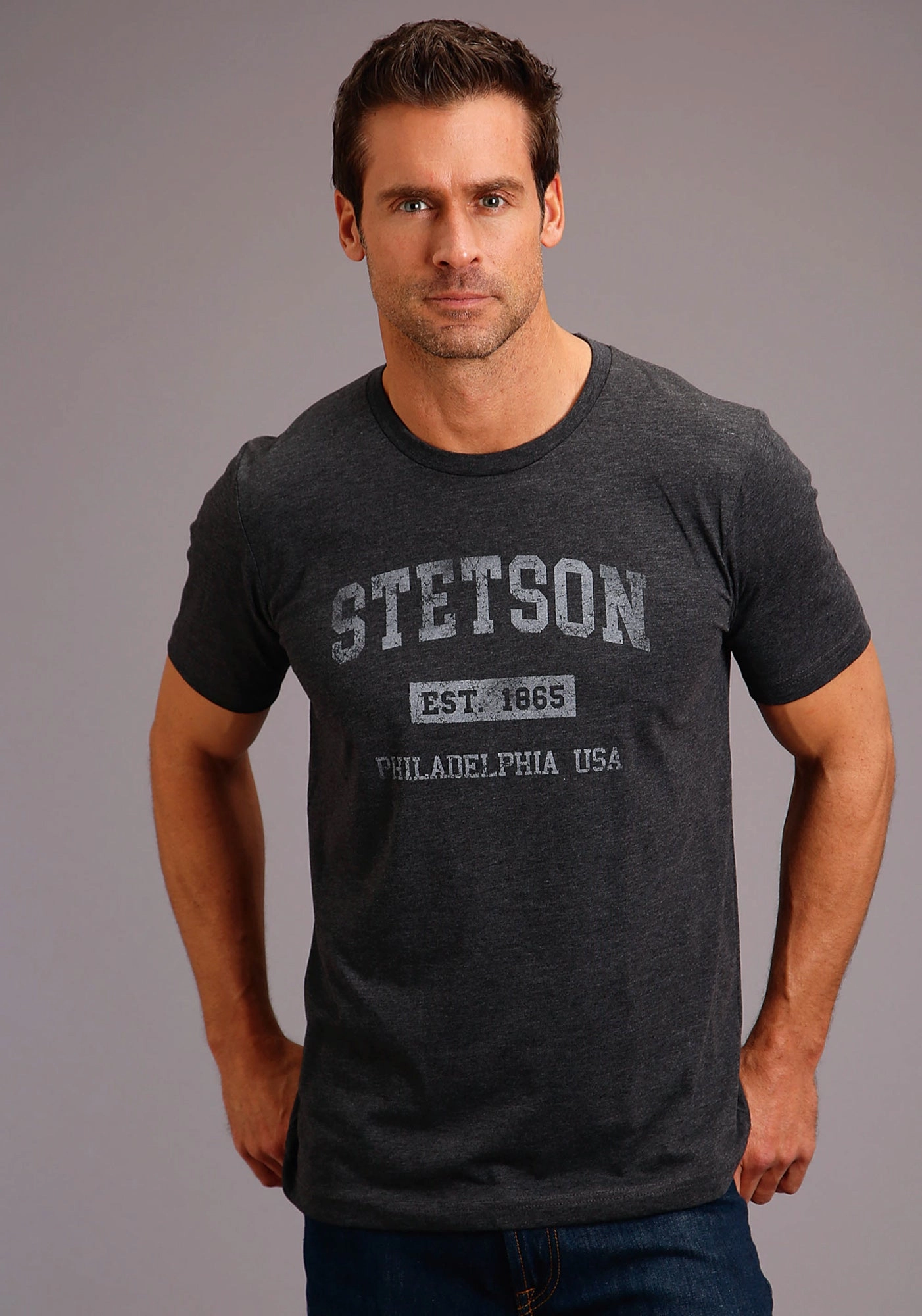 Chic Ensemble Non Iron Stetson Mens Heather Grey Cotton Blend Philly S/S T-Shirt