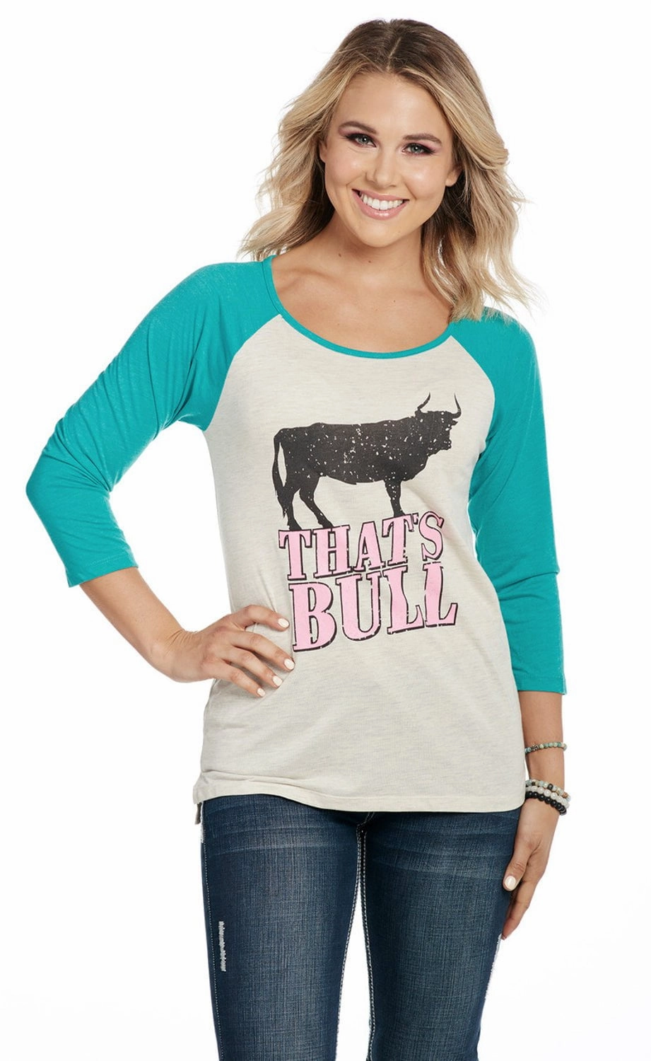 Holiday Style Cowgirl Up Womens That Is Bull Oatmeal/Turquoise Cotton Blend S/S T-Shirt