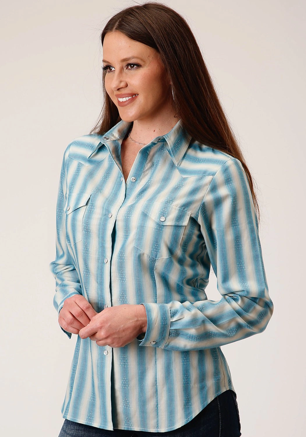 Roper Womens 1503 Ombre Stripe Aqua/Cream Cotton Blend L/S Shirt Fall Fashion