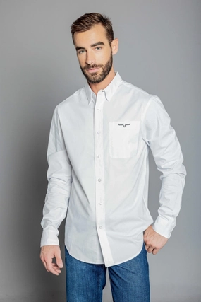 Solid Color Loose Comfort Kimes Ranch Mens Team Shirt Long White Cotton Blend L/S Shirt