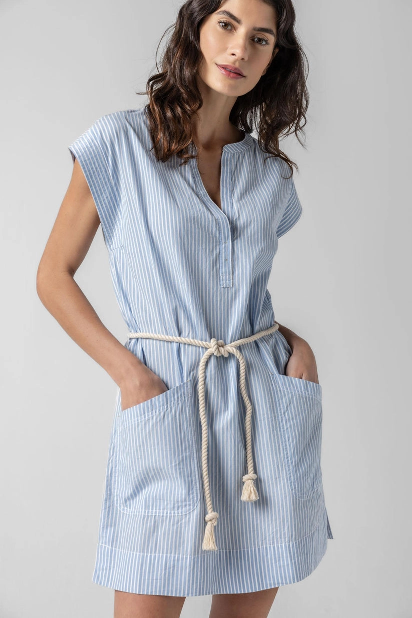 Minimalist Fit Casual and Smart Striped Split Neck Dress in Malibu Stripe